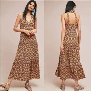 Anthropologie Purple and Gold Patterned Maxi Dress